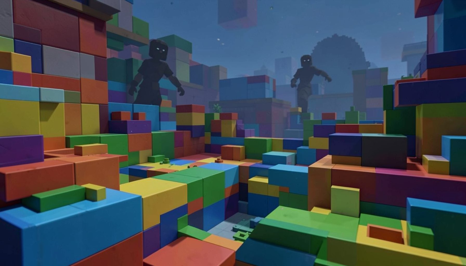 A colorful blocky game world with a subtle shadowy figure in the background, suggesting hidden risks in online gaming