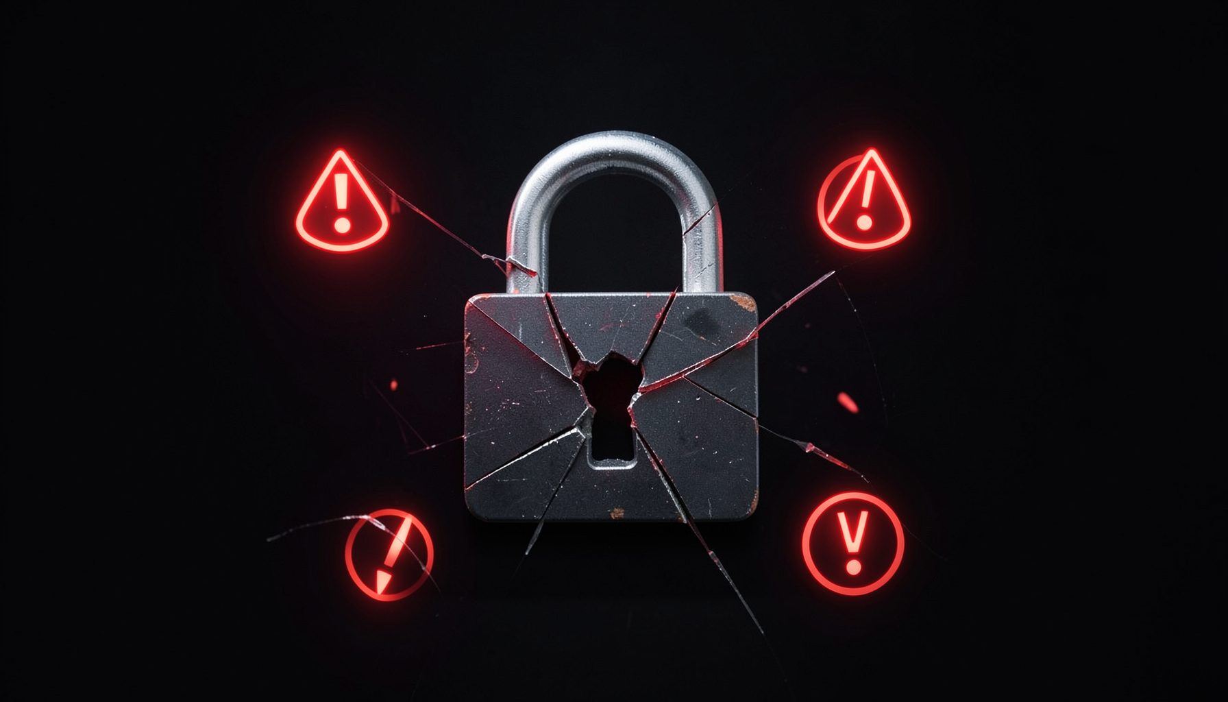 A dark background with a shattered padlock icon and glowing red warning symbols, representing cybersecurity myths being questioned