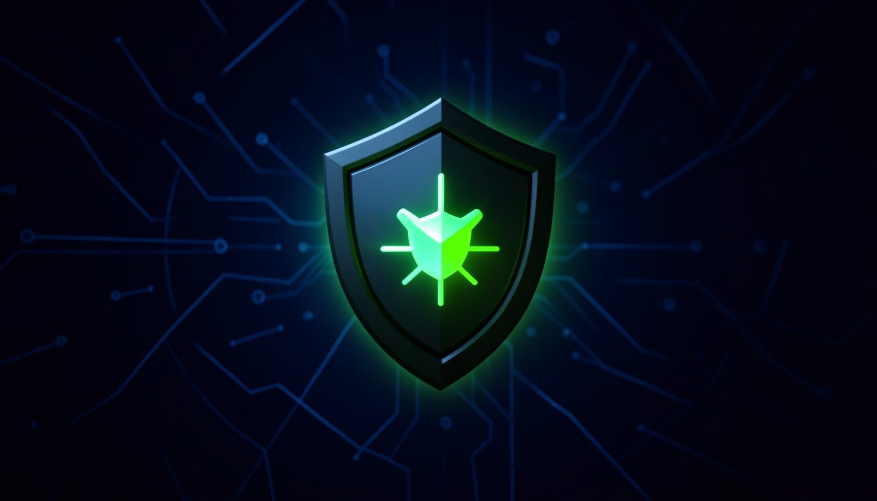 A dark digital shield icon glowing with green light against a deep navy-blue abstract technology background