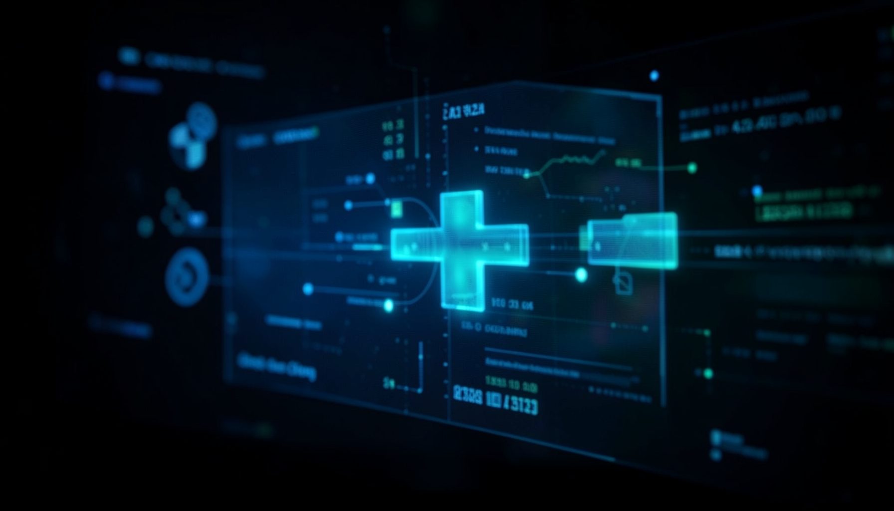 A dimly lit digital screen with glowing medical cross symbols and data streams in deep blue and teal tones, conveying telehealth data concerns