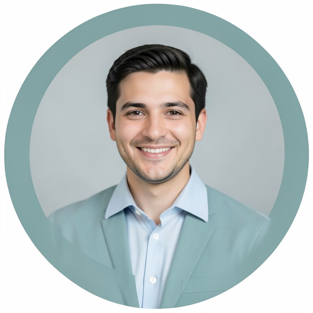 A simple circular avatar in muted teal and soft gray tones, suggesting a friendly tech writer