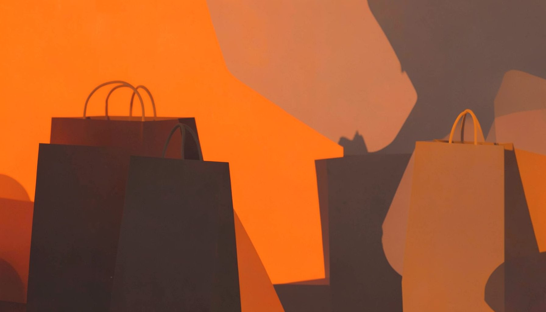A warm orange and dark gray abstract composition with shopping bag silhouettes, hinting at holiday retail and scam awareness