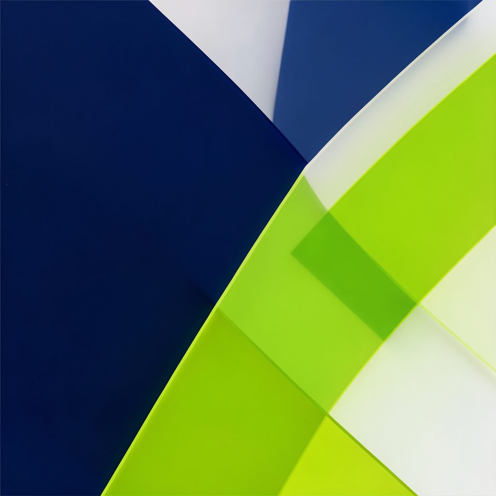 Clean abstract composition of overlapping translucent geometric shapes in navy, white, and lime green, suggesting layered protection