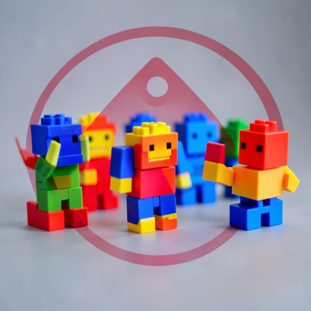 Colorful block-like game characters on a screen with a subtle warning symbol overlay, in vibrant red and blue tones