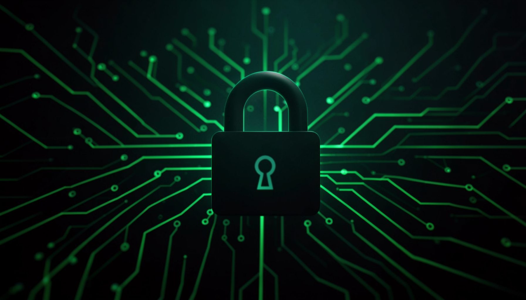 Dark digital landscape with glowing green circuit-like patterns and a subtle padlock silhouette, conveying cybersecurity
