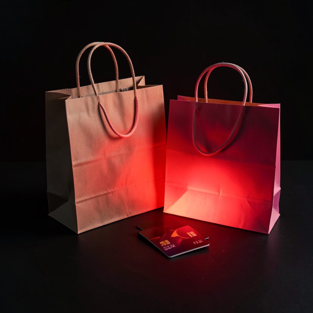 Shopping bags and a credit card on a dark surface with red warning glow, evoking online shopping caution