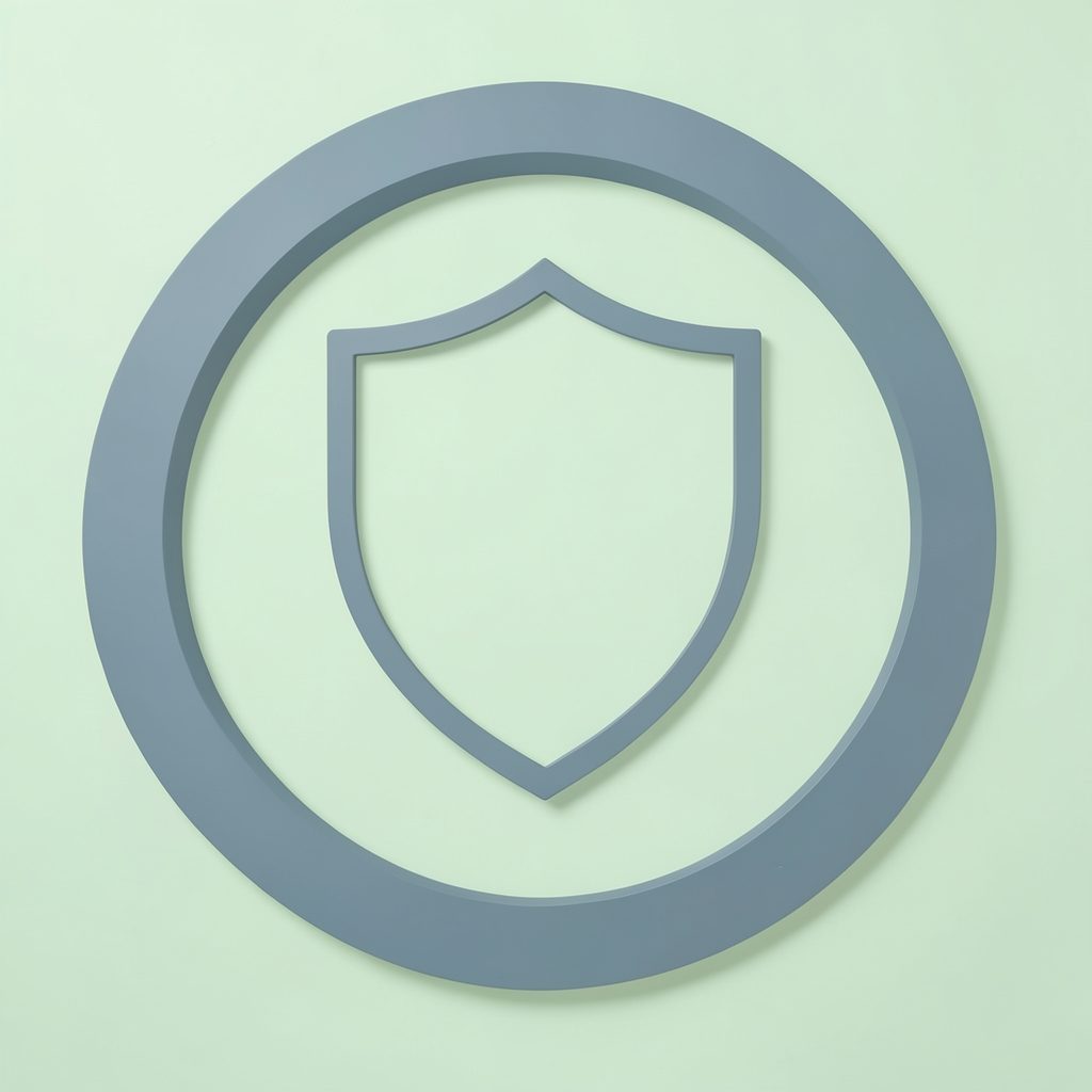 Simple circular icon of a shield outline in muted slate blue on a pale green background