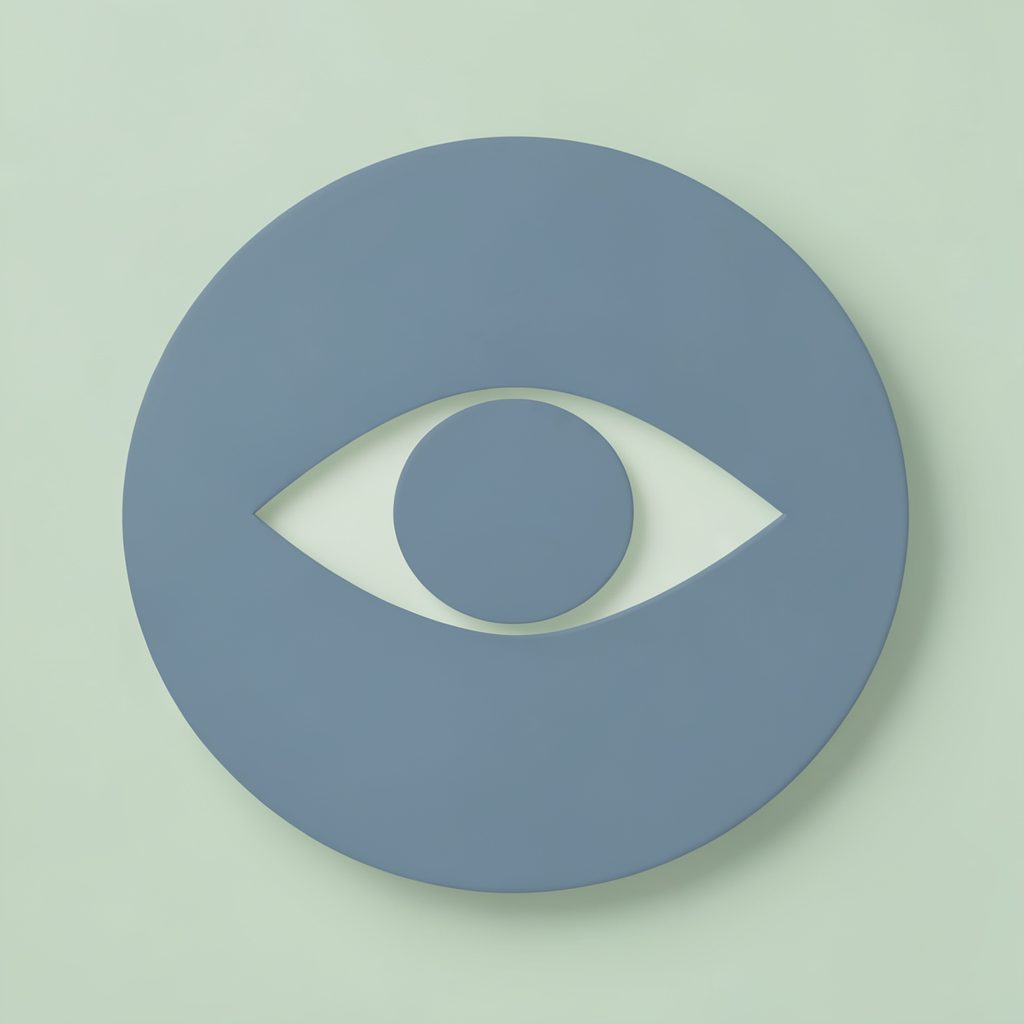 Simple circular icon of an open eye in muted slate blue on a pale green background