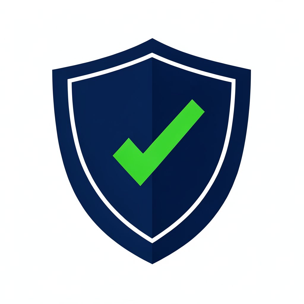 Stylized shield emblem in deep navy blue with a bright green checkmark at its center, conveying security and trust